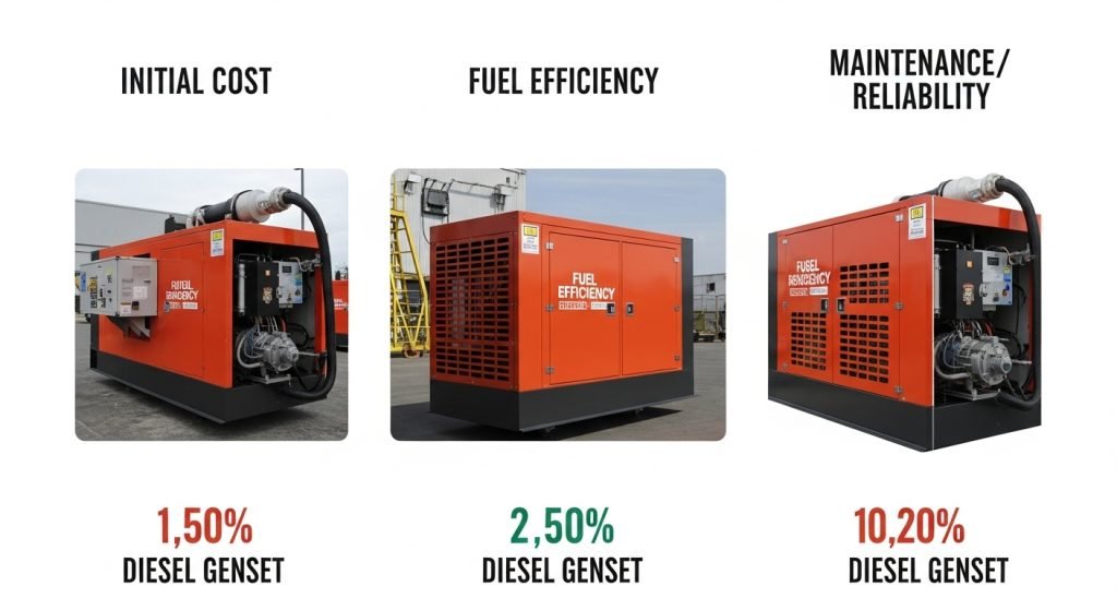 Visual cost breakdown of industrial generator price Malaysia, illustrating Total Cost of Ownership (TCO) including fuel and maintenance.
